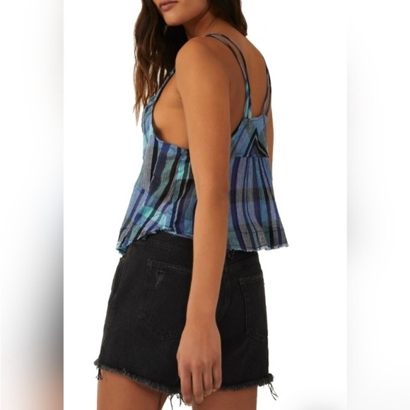 NWT Free People We The Free Plaid Cotton Crop Top in Navy Combo, size L - Picture 5 of 10